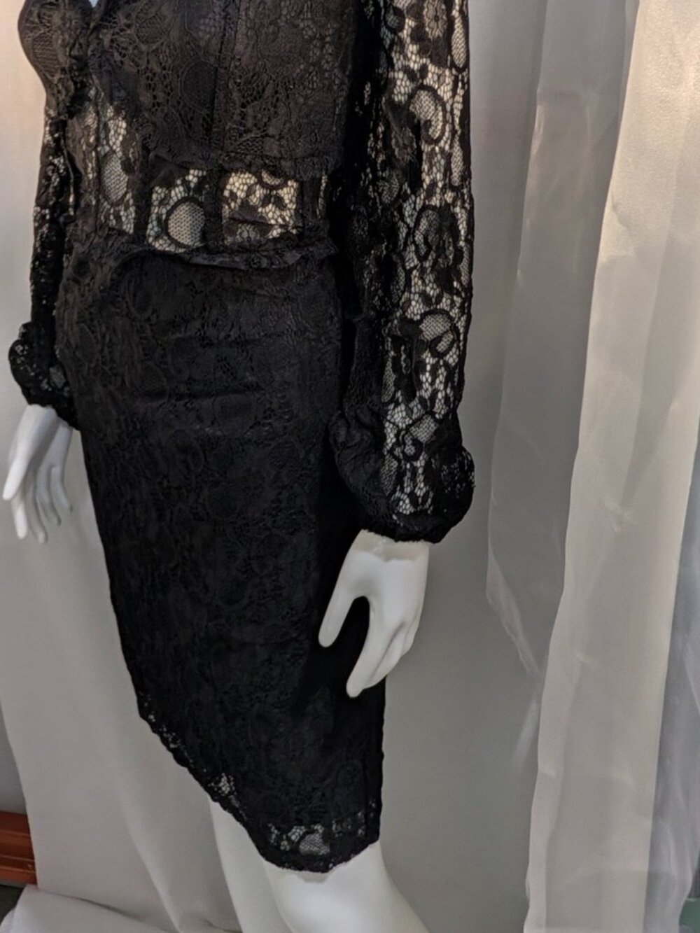 New York & Company Black Lace Dress XXL Sheer Midriff Long Sleeve Cocktail NWOT - Picture 5 of 16